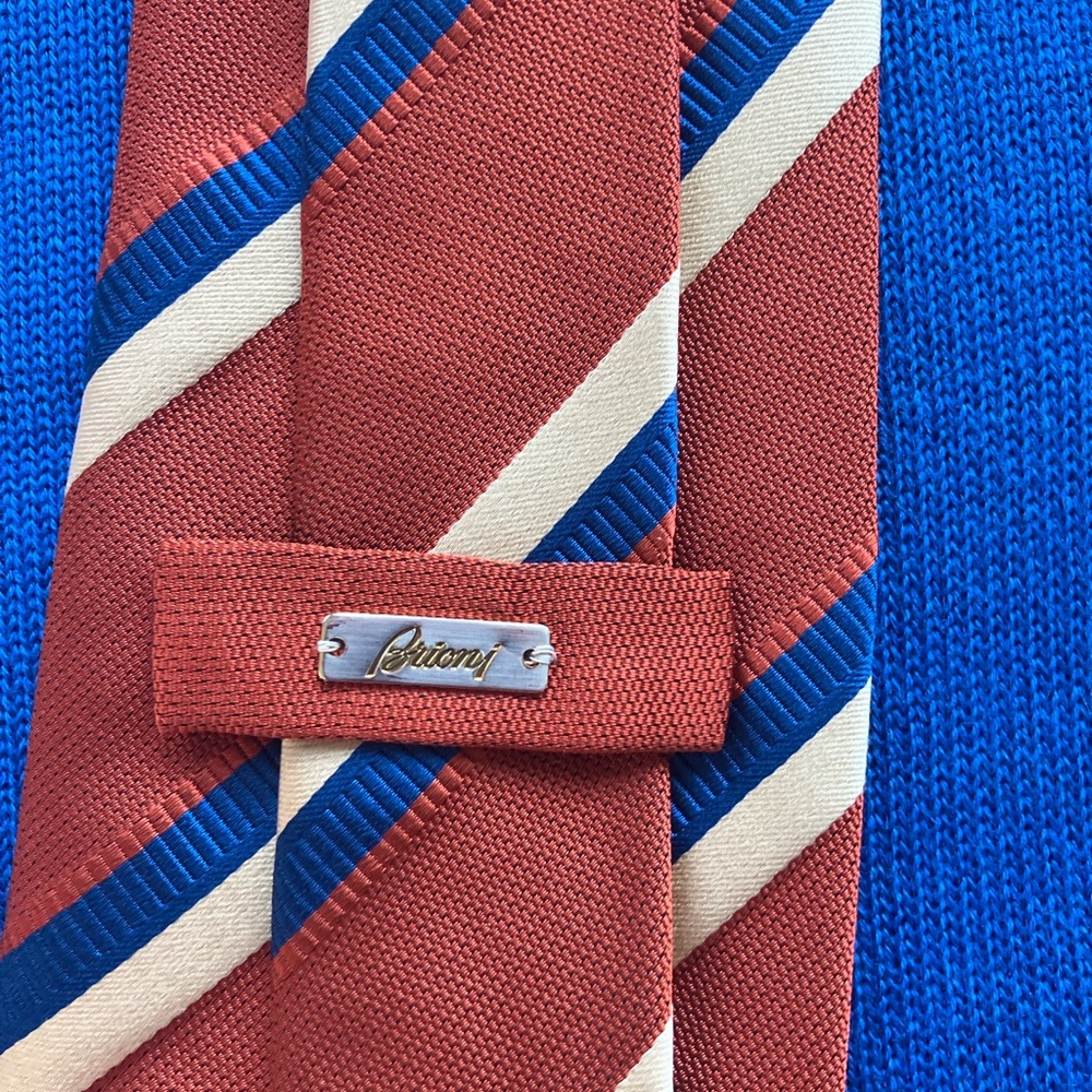 Vintage Brioni Italian Silk Tie Rust & Royal Blue Stripe Luxury